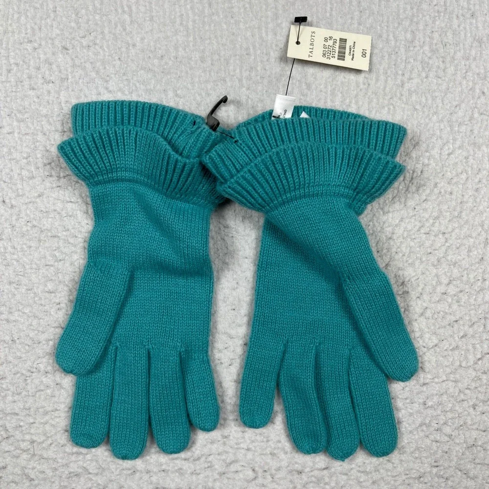 Talbots Ruffle Cuff Gloves Womens One Size Teal Blue Lambswool Blend Knit NEW